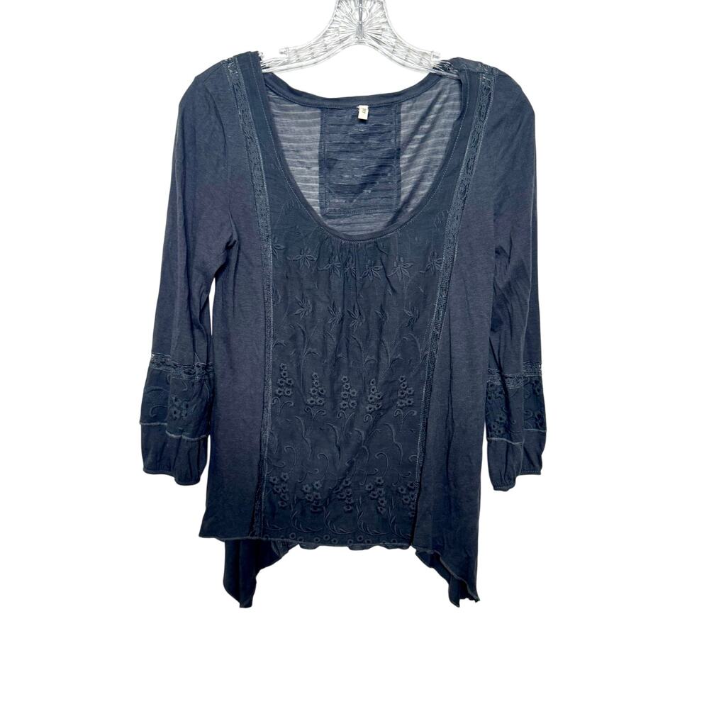 Anthropologie Tiny Embroidered Top Size XS Gray Asymmetrical Boho Festival‎ Chic